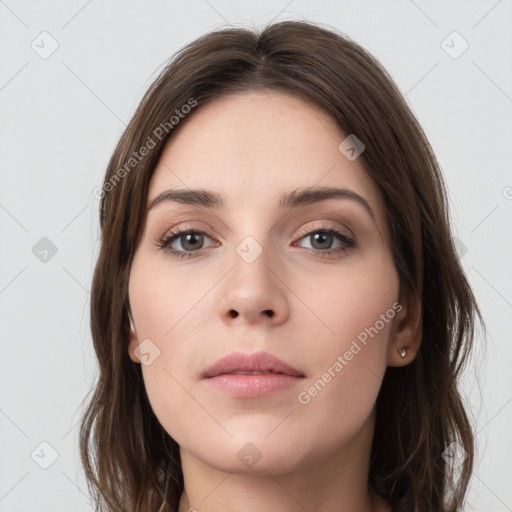 Neutral white young-adult female with long  brown hair and grey eyes