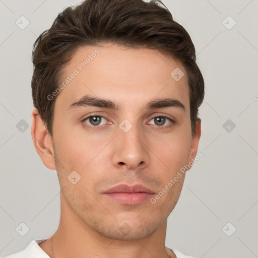 Neutral white young-adult male with short  brown hair and brown eyes