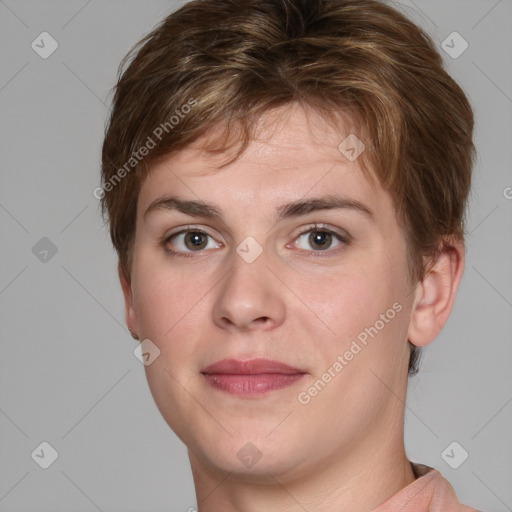 Joyful white young-adult female with short  brown hair and grey eyes