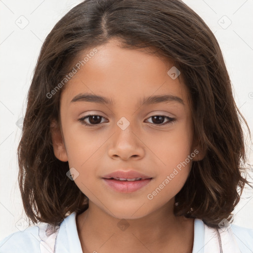 Joyful white child female with medium  brown hair and brown eyes