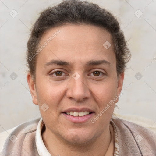 Joyful white adult female with short  brown hair and brown eyes