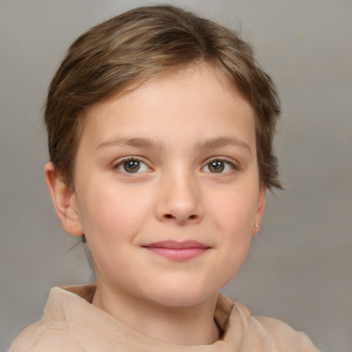 Joyful white child female with short  brown hair and brown eyes