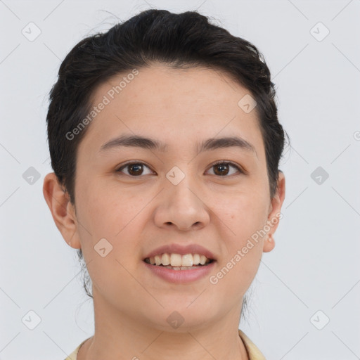 Joyful white young-adult female with short  brown hair and brown eyes