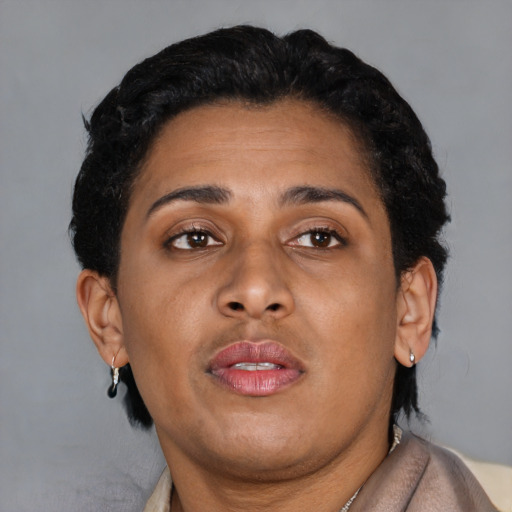 Neutral latino young-adult female with short  black hair and brown eyes