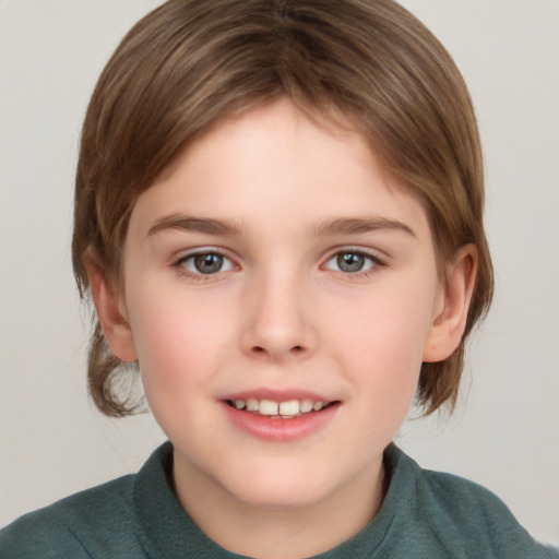 Joyful white child female with medium  brown hair and grey eyes