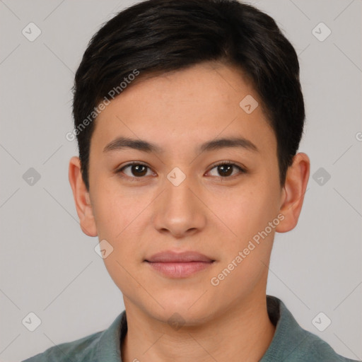 Neutral asian young-adult male with short  black hair and brown eyes