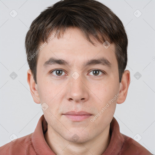 Neutral white young-adult male with short  brown hair and brown eyes