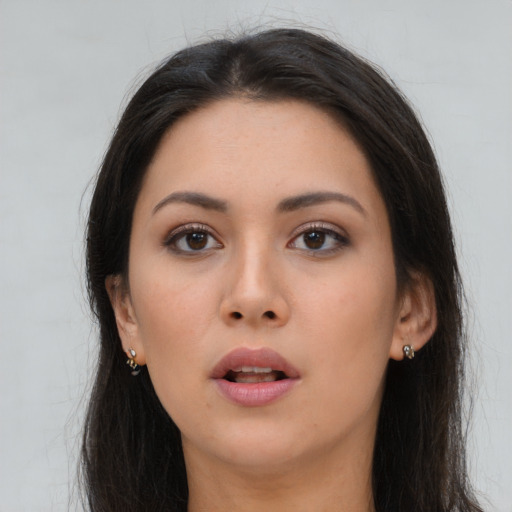Neutral asian young-adult female with long  brown hair and brown eyes