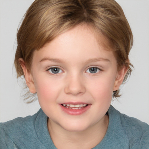 Joyful white child female with medium  brown hair and blue eyes