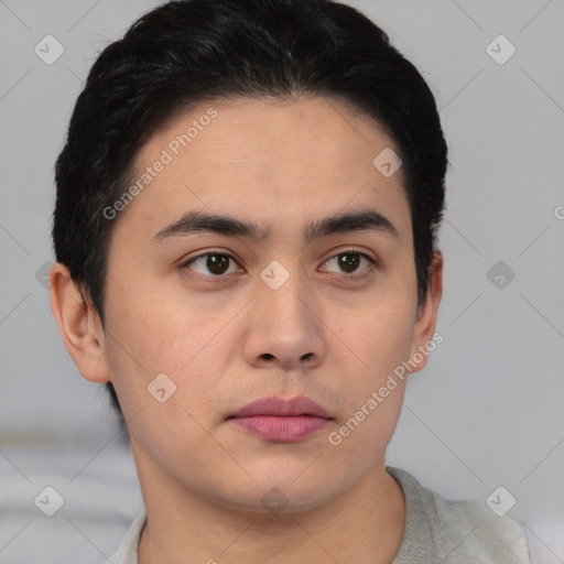 Neutral asian young-adult male with short  brown hair and brown eyes