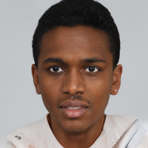 Neutral black young-adult male with short  black hair and brown eyes