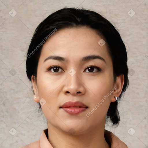 Neutral asian young-adult female with medium  black hair and brown eyes