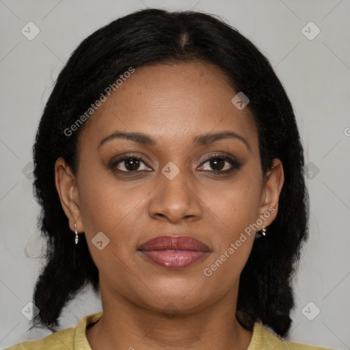Joyful latino young-adult female with medium  brown hair and brown eyes