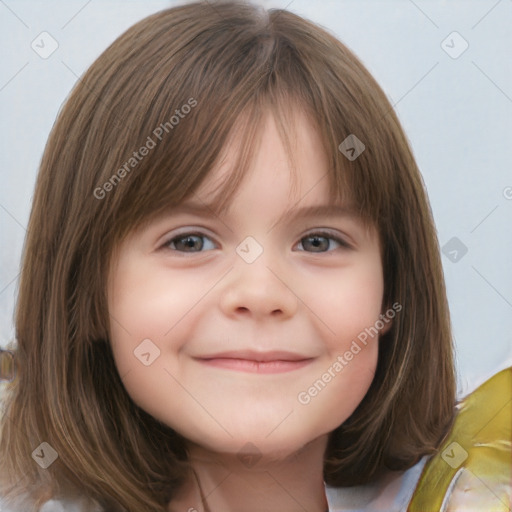 Joyful white child female with medium  brown hair and brown eyes