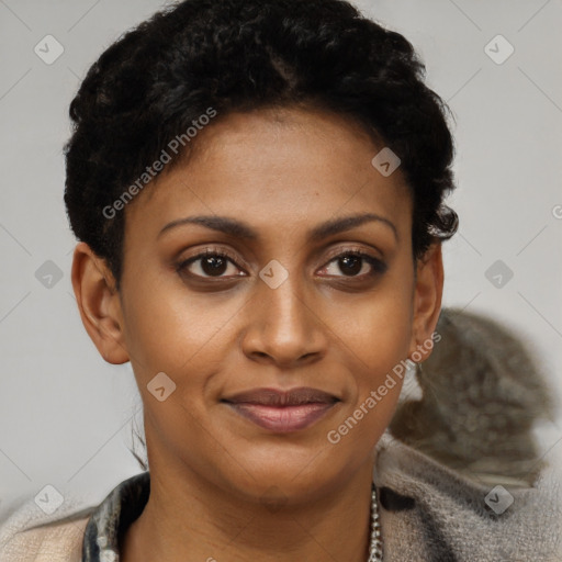 Joyful latino young-adult female with short  brown hair and brown eyes