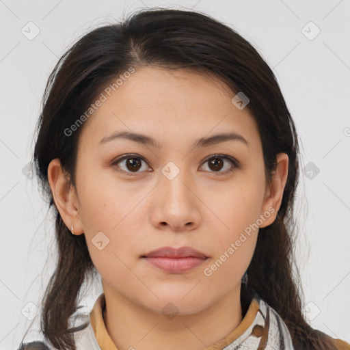 Neutral asian young-adult female with medium  brown hair and brown eyes