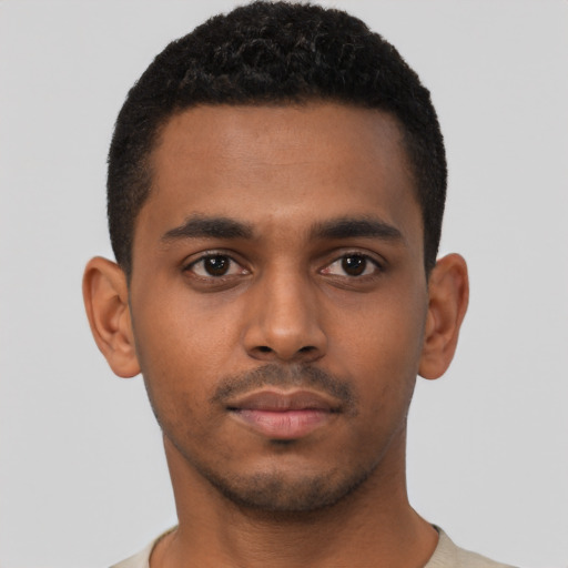 Neutral black young-adult male with short  black hair and brown eyes