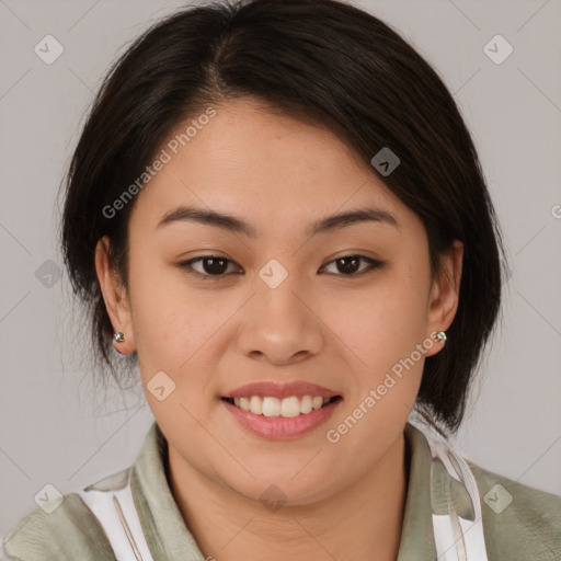 Joyful latino young-adult female with medium  brown hair and brown eyes