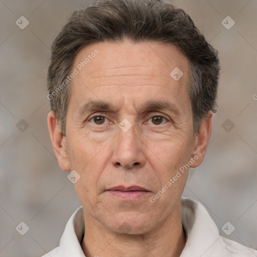 Neutral white middle-aged male with short  brown hair and brown eyes