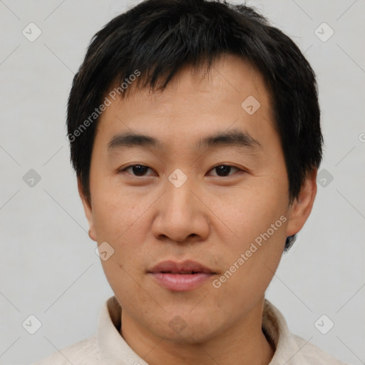 Neutral asian young-adult male with short  black hair and brown eyes