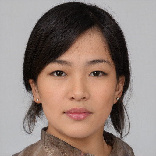 Neutral asian young-adult female with medium  black hair and brown eyes
