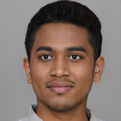 Joyful black young-adult male with short  black hair and brown eyes