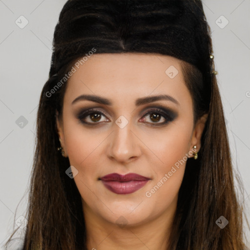 Joyful white young-adult female with long  brown hair and brown eyes