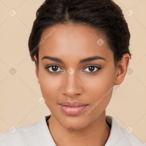 Joyful latino young-adult female with short  brown hair and brown eyes