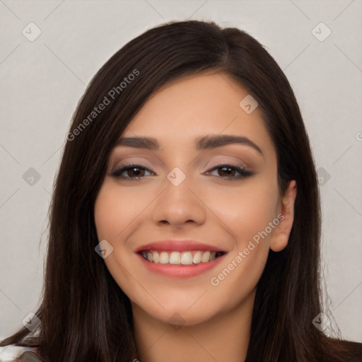 Joyful white young-adult female with long  black hair and brown eyes