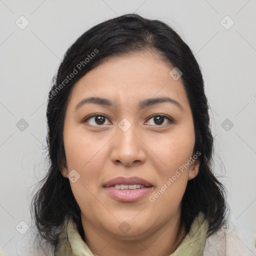 Joyful latino young-adult female with medium  brown hair and brown eyes