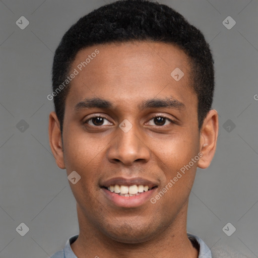 Joyful latino young-adult male with short  brown hair and brown eyes