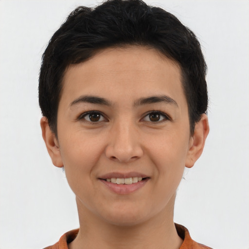 Joyful asian young-adult female with short  brown hair and brown eyes