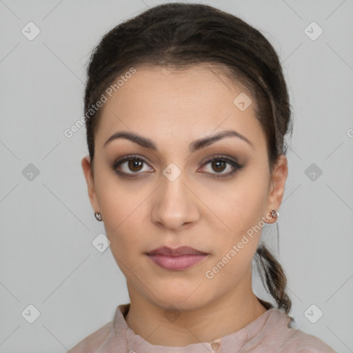 Neutral white young-adult female with short  brown hair and brown eyes