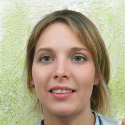 Joyful white young-adult female with medium  brown hair and green eyes