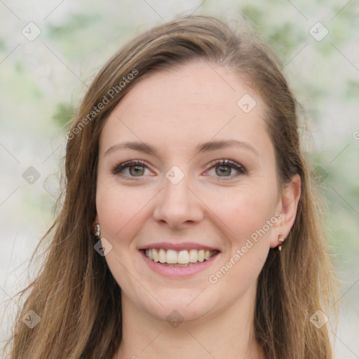 Joyful white young-adult female with long  brown hair and green eyes