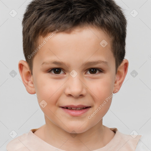 Joyful white child male with short  brown hair and brown eyes