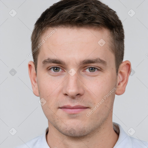 Neutral white young-adult male with short  brown hair and brown eyes