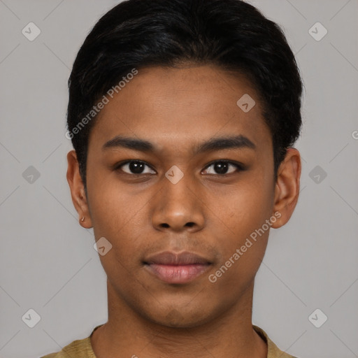 Neutral asian young-adult male with short  black hair and brown eyes