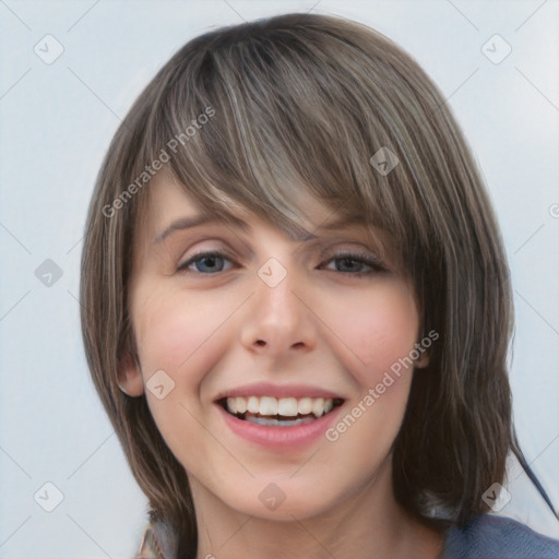 Joyful white young-adult female with medium  brown hair and blue eyes