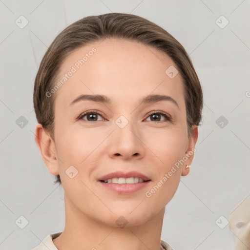 Joyful white young-adult female with short  brown hair and brown eyes