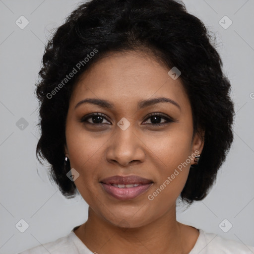 Joyful latino young-adult female with medium  black hair and brown eyes