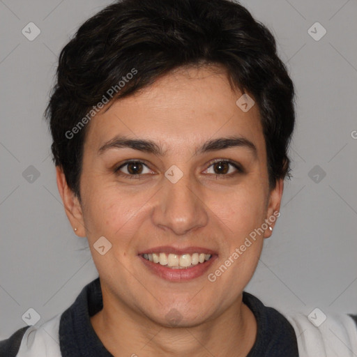 Joyful white young-adult female with short  brown hair and brown eyes