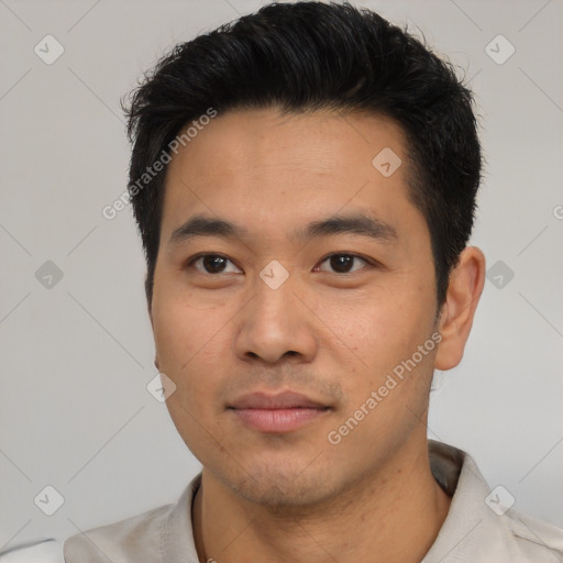 Neutral asian young-adult male with short  black hair and brown eyes