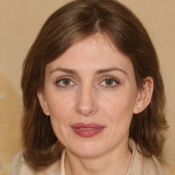 Joyful white adult female with medium  brown hair and brown eyes