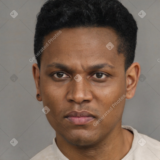 Neutral latino young-adult male with short  black hair and brown eyes