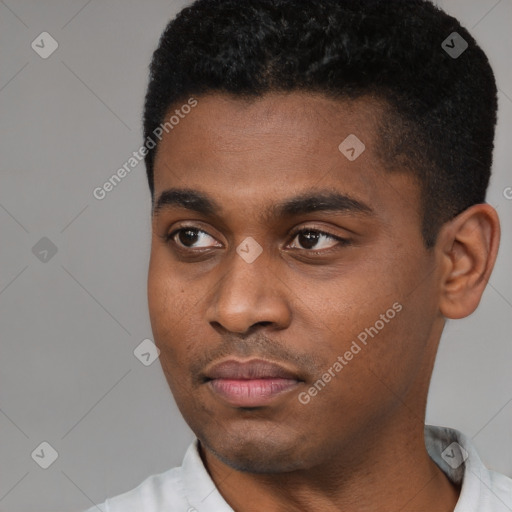 Neutral black young-adult male with short  black hair and brown eyes