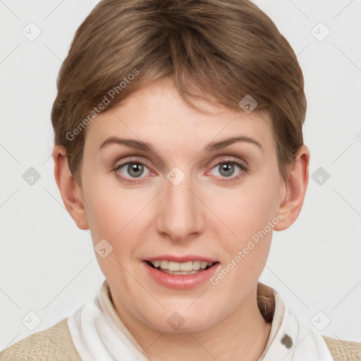 Joyful white young-adult female with short  brown hair and grey eyes