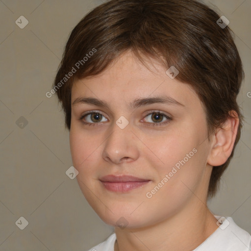 Joyful white young-adult female with medium  brown hair and brown eyes