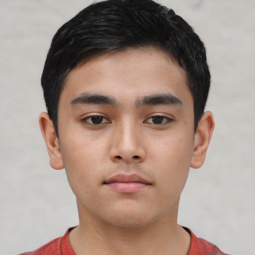 Neutral asian young-adult male with short  brown hair and brown eyes