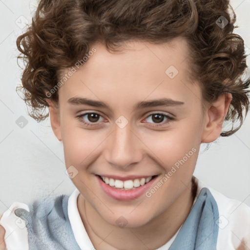 Joyful white child female with medium  brown hair and brown eyes